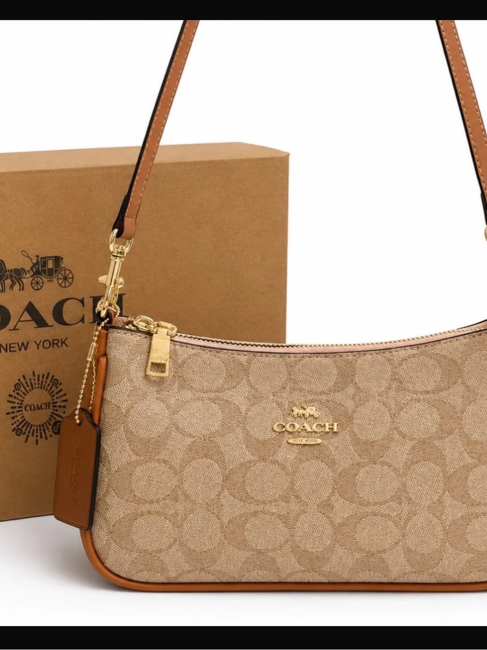 Coach Khaki Signature Canvas Shoulder Bag with Tan Trim
